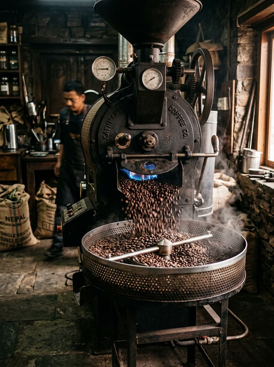 Beans tumbling inside a hot drum roaster