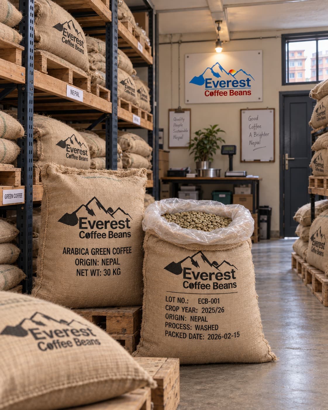 Sacks of green Nepalese coffee waiting in the green store